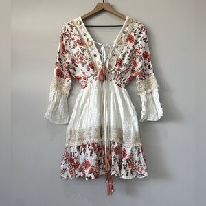Reyya boho embellished floral gauzy deep V neck seashell tassel mini dress small